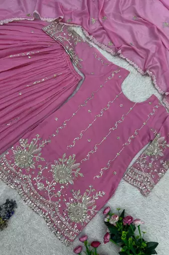 pink color embroidery sequin work silk blend kurti palazzo set