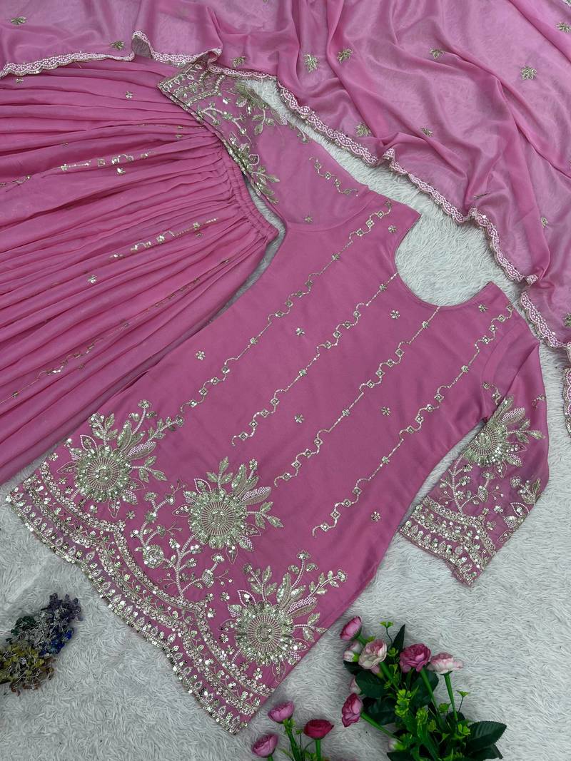 pink color embroidery sequin work silk blend kurti palazzo set