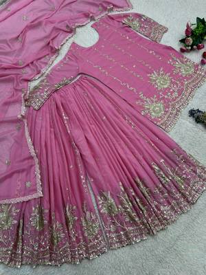 pink color embroidery sequin work silk blend kurti palazzo set 3