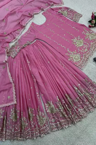 pink color embroidery sequin work silk blend kurti palazzo set