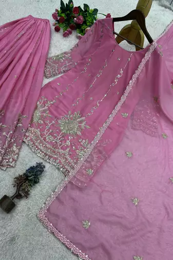 pink color embroidery sequin work silk blend kurti palazzo set