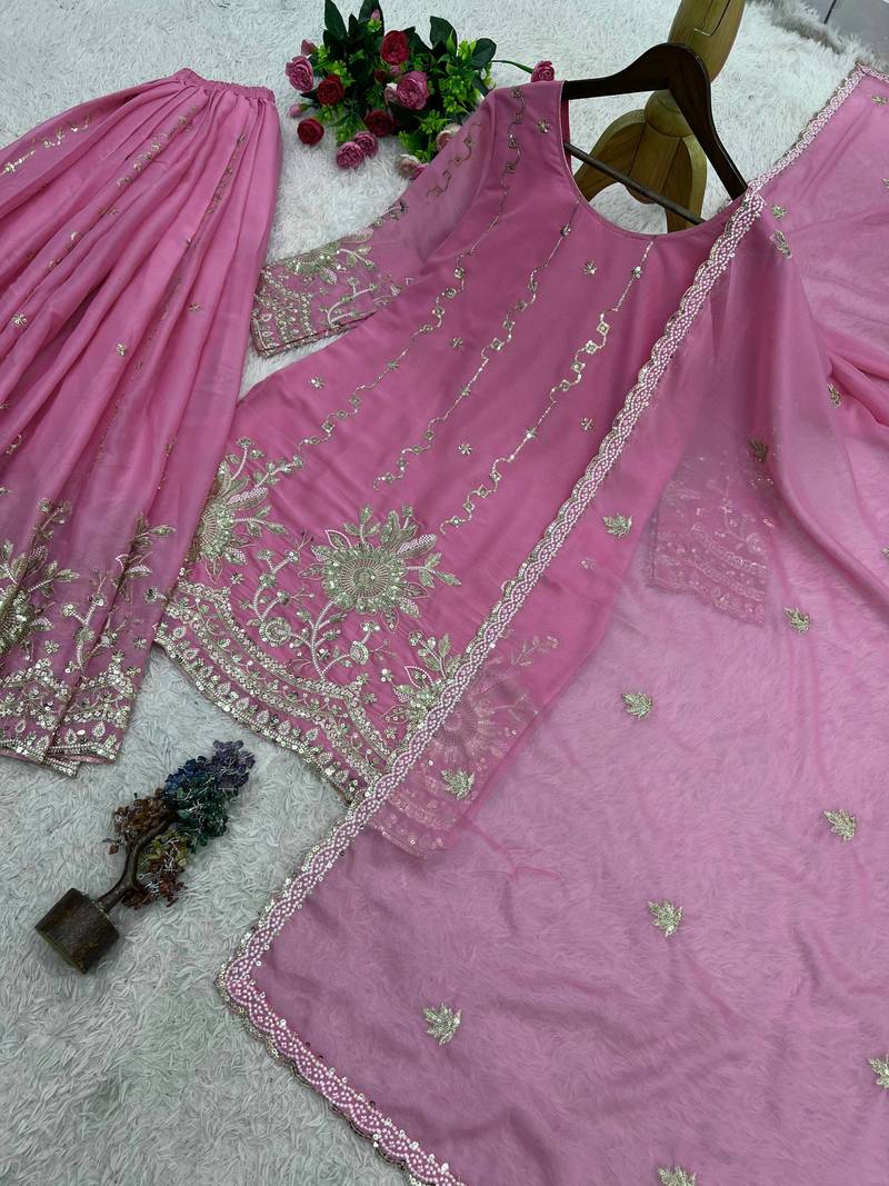 pink color embroidery sequin work silk blend kurti palazzo set