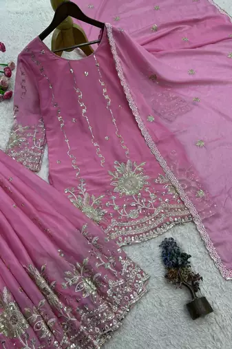 pink color embroidery sequin work silk blend kurti palazzo set