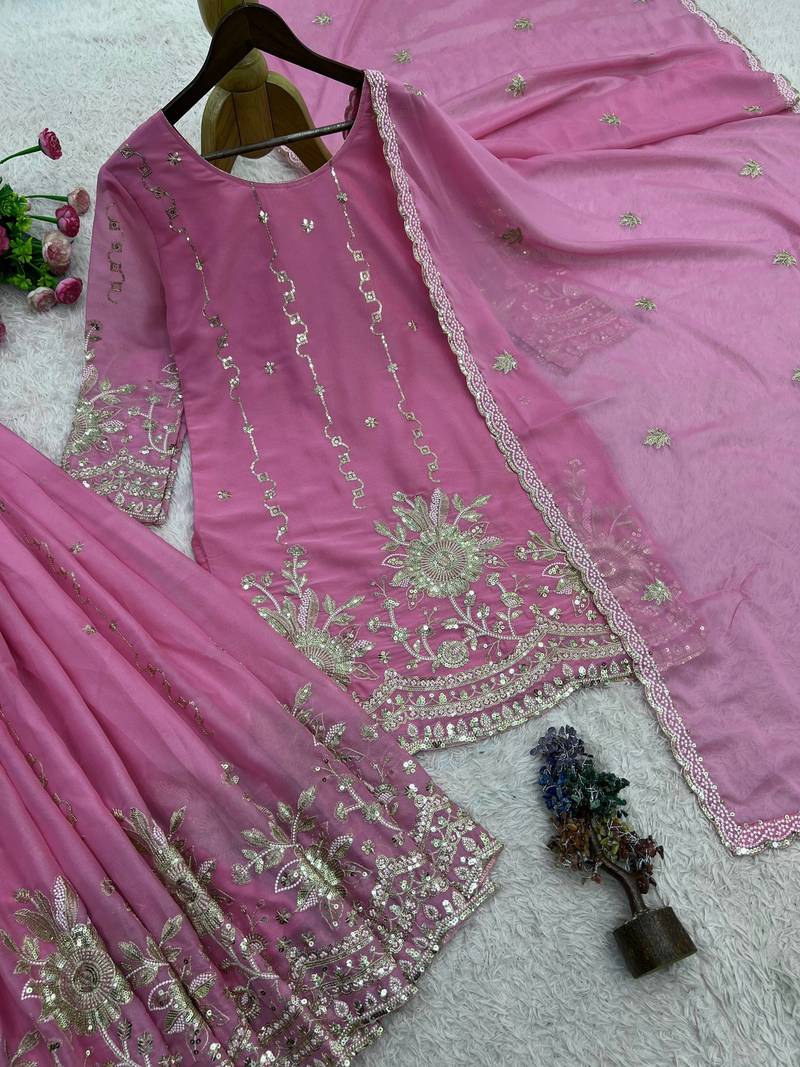 pink color embroidery sequin work silk blend kurti palazzo set