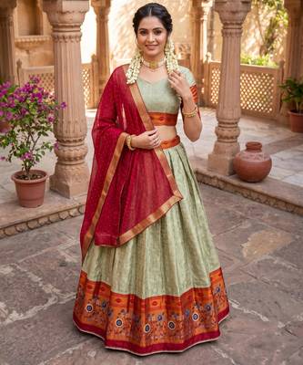 Traditional Silk Lehenga with Zari Weaving, Kalamkari Border & Georgette Dupatta 1