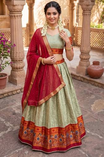 Traditional Silk Lehenga with Zari Weaving, Kalamkari Border & Georgette Dupatta