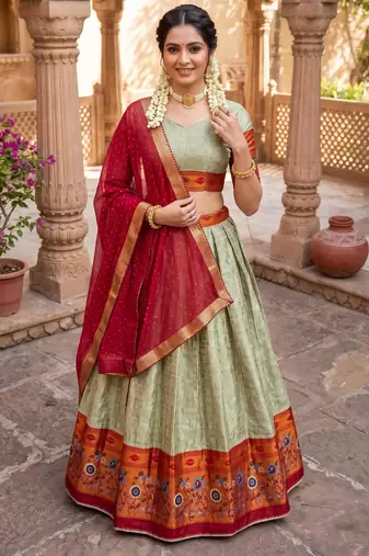 Traditional Silk Lehenga with Zari Weaving, Kalamkari Border & Georgette Dupatta