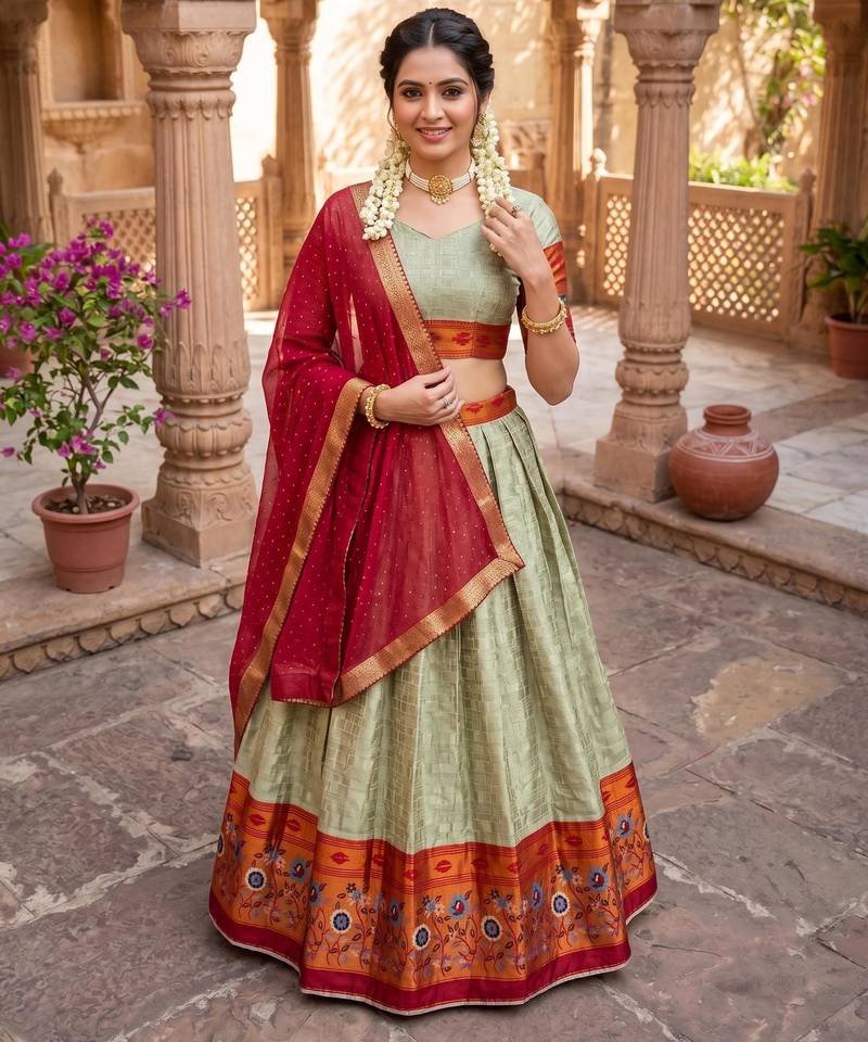 Traditional Silk Lehenga with Zari Weaving, Kalamkari Border & Georgette Dupatta