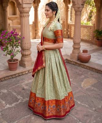 Traditional Silk Lehenga with Zari Weaving, Kalamkari Border & Georgette Dupatta 2