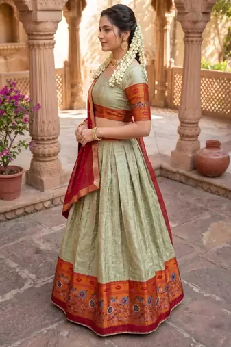 Traditional Silk Lehenga with Zari Weaving, Kalamkari Border & Georgette Dupatta