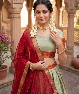 Traditional Silk Lehenga with Zari Weaving, Kalamkari Border & Georgette Dupatta 3