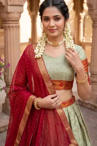 Traditional Silk Lehenga with Zari Weaving, Kalamkari Border & Georgette Dupatta
