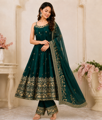 Green vichitra silk embroidered anarkali suit set 1