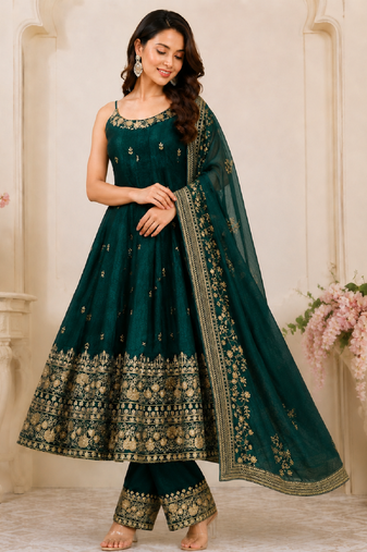 Green vichitra silk embroidered anarkali suit set