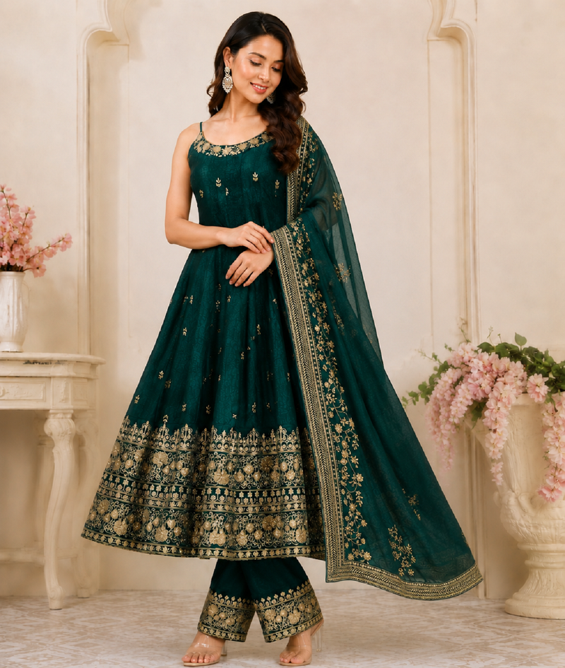 Green vichitra silk embroidered anarkali suit set