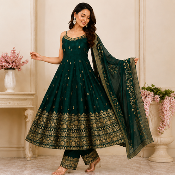 Green vichitra silk embroidered anarkali suit set 2