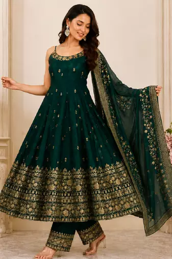 Green vichitra silk embroidered anarkali suit set