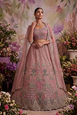 pink embroidered net unstitched lehenga choli with dupatta 2