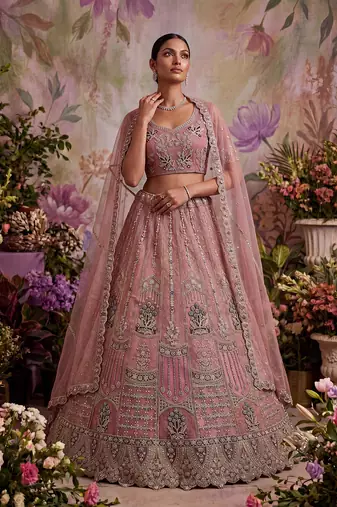pink embroidered net unstitched lehenga choli with dupatta