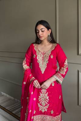rani pink embroidered fendi satin free size stitched kurta set 2
