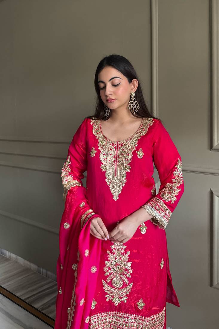 rani pink embroidered fendi satin free size stitched kurta set