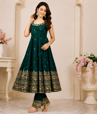Green vichitra silk embroidered anarkali suit set 3