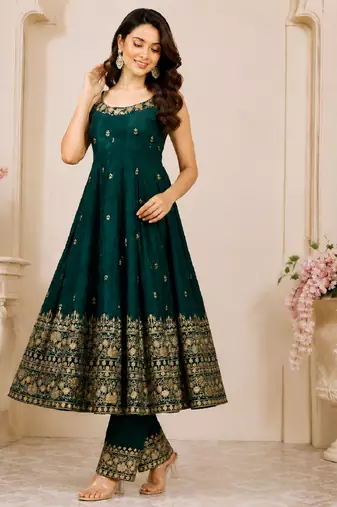 Green vichitra silk embroidered anarkali suit set