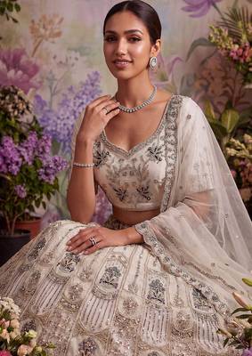 off white embroidered net unstitched lehenga choli with dupatta 2