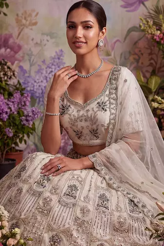 off white embroidered net unstitched lehenga choli with dupatta