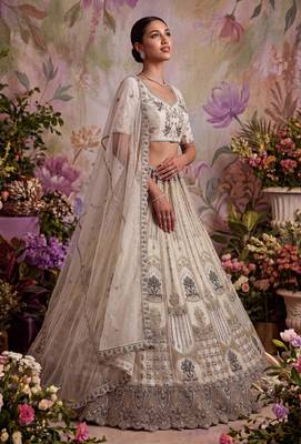 off white embroidered net unstitched lehenga choli with dupatta 3