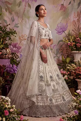 off white embroidered net unstitched lehenga choli with dupatta