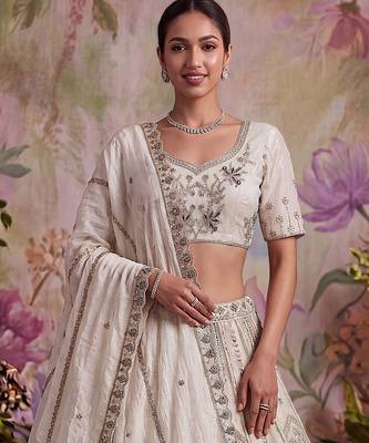 off white embroidered net unstitched lehenga choli with dupatta 4
