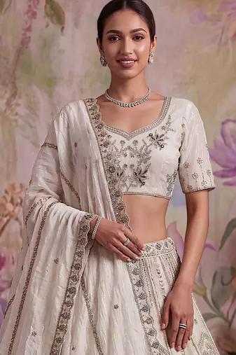 off white embroidered net unstitched lehenga choli with dupatta