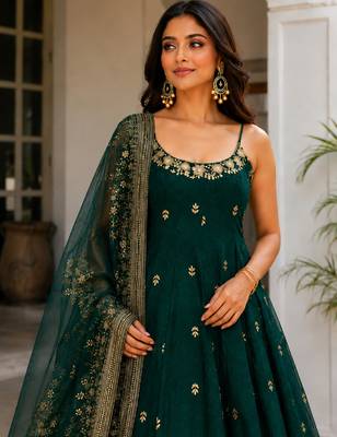 Green vichitra silk embroidered anarkali suit set 4