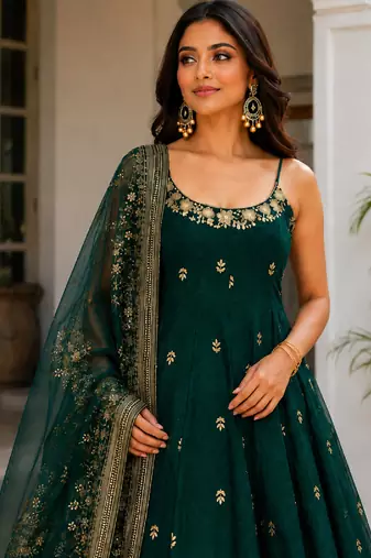 Green vichitra silk embroidered anarkali suit set