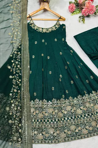 Green vichitra silk embroidered anarkali suit set