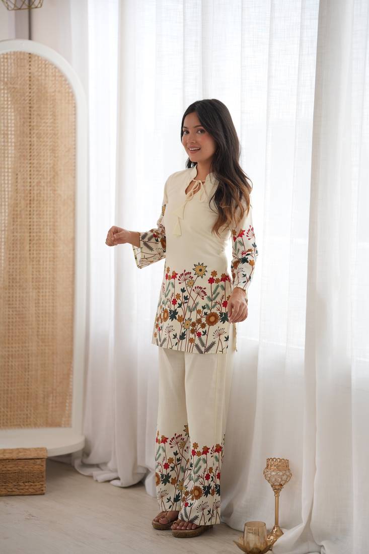 White floral printed slub cotton kurta pant set with lining