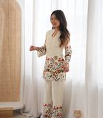 White floral printed slub cotton kurta pant set with lining