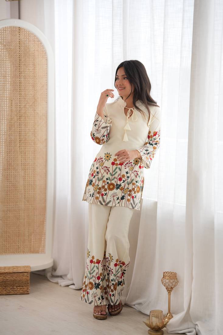 White floral printed slub cotton kurta pant set with lining