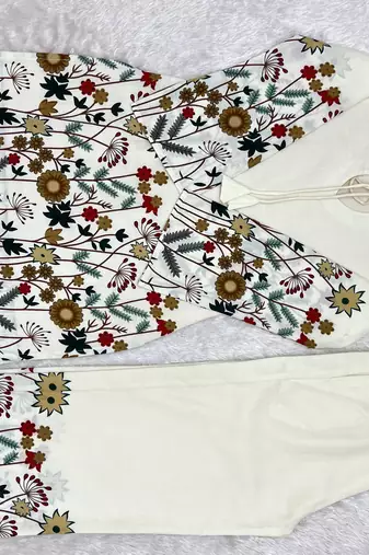 White floral printed slub cotton kurta pant set with lining