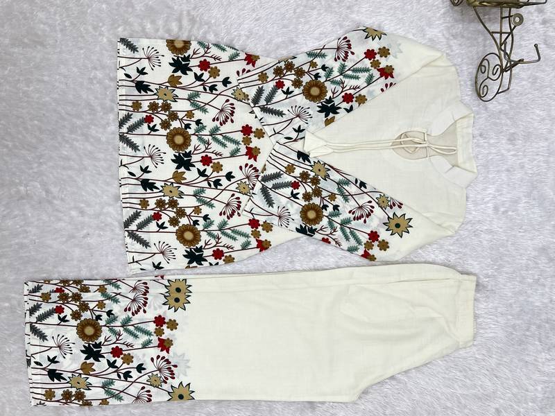 White floral printed slub cotton kurta pant set with lining