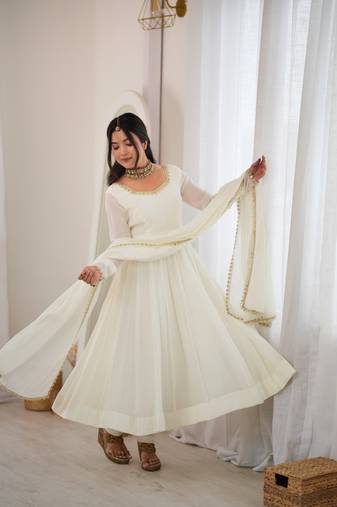 White mirror handwork mal chanderi anarkali gown with dupatta and pant set