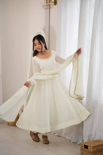 White mirror handwork mal chanderi anarkali gown with dupatta and pant set