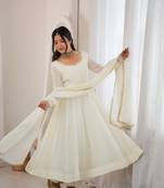 White mirror handwork mal chanderi anarkali gown with dupatta and pant set