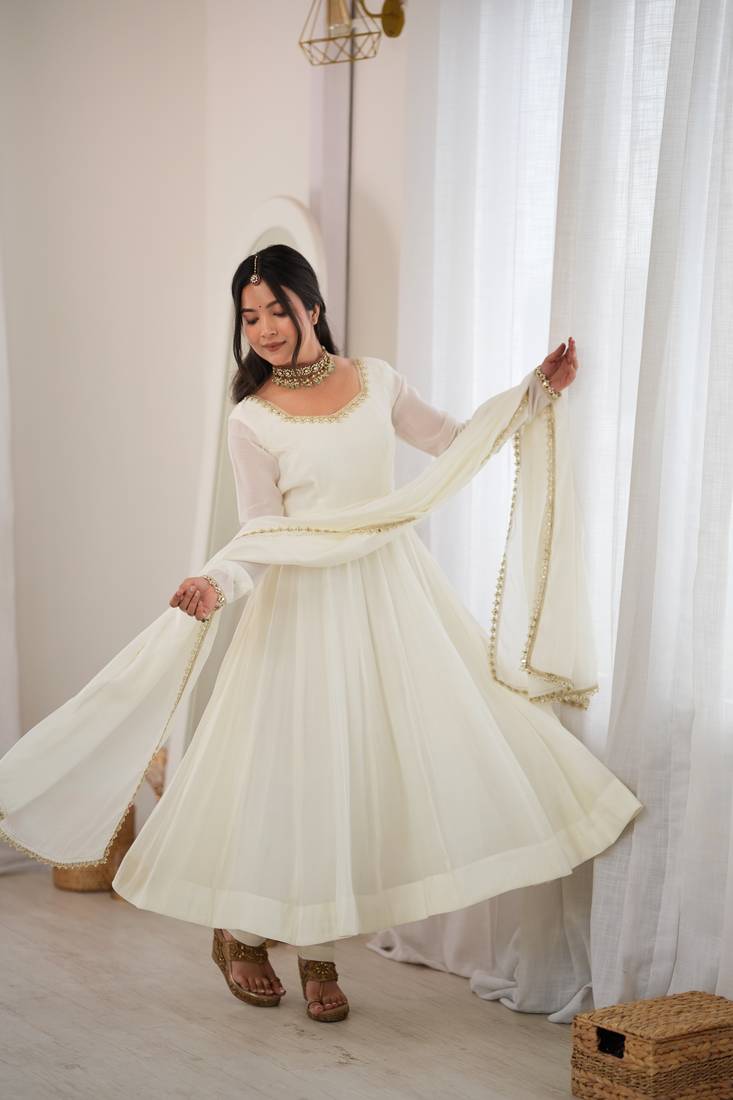White mirror handwork mal chanderi anarkali gown with dupatta and pant set