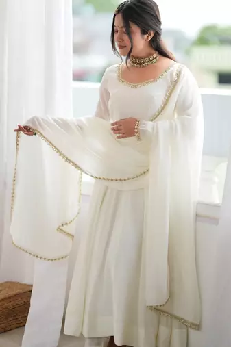 White mirror handwork mal chanderi anarkali gown with dupatta and pant set