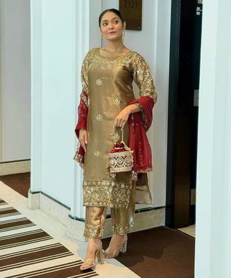 olive color embroidery sequin work silk blend kurti set 1