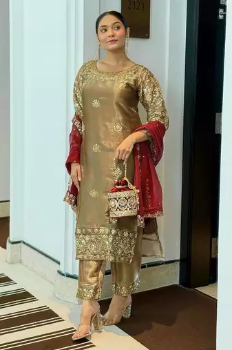 olive color embroidery sequin work silk blend kurti set