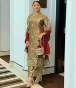 olive color embroidery sequin work silk blend kurti set