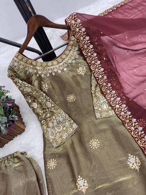 olive color embroidery sequin work silk blend kurti set 2